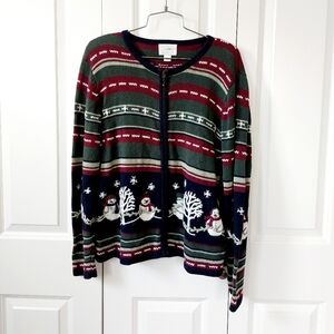 Striped Snowman & Trees Christmas Cardigan Sweater Large Christopher & Banks